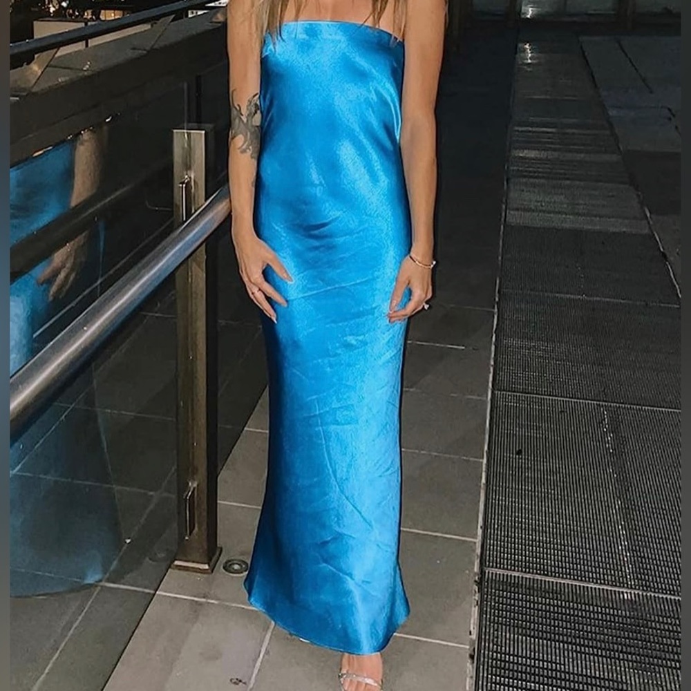 Elegant Blue Satin Maxi Dress